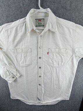 VTG Levis White Denim Button Up Shirt Thick Large Cotton Pocket Red Tab Point